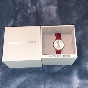 MK Wmns Petite Portia 3-Hand Merlot Leather Watch
